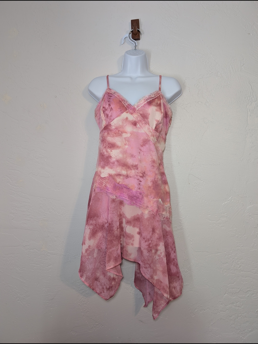 Y2K Fairy Pink Asymmetric Slip Dress Lace Feminine Romantic Coquette Ethereal